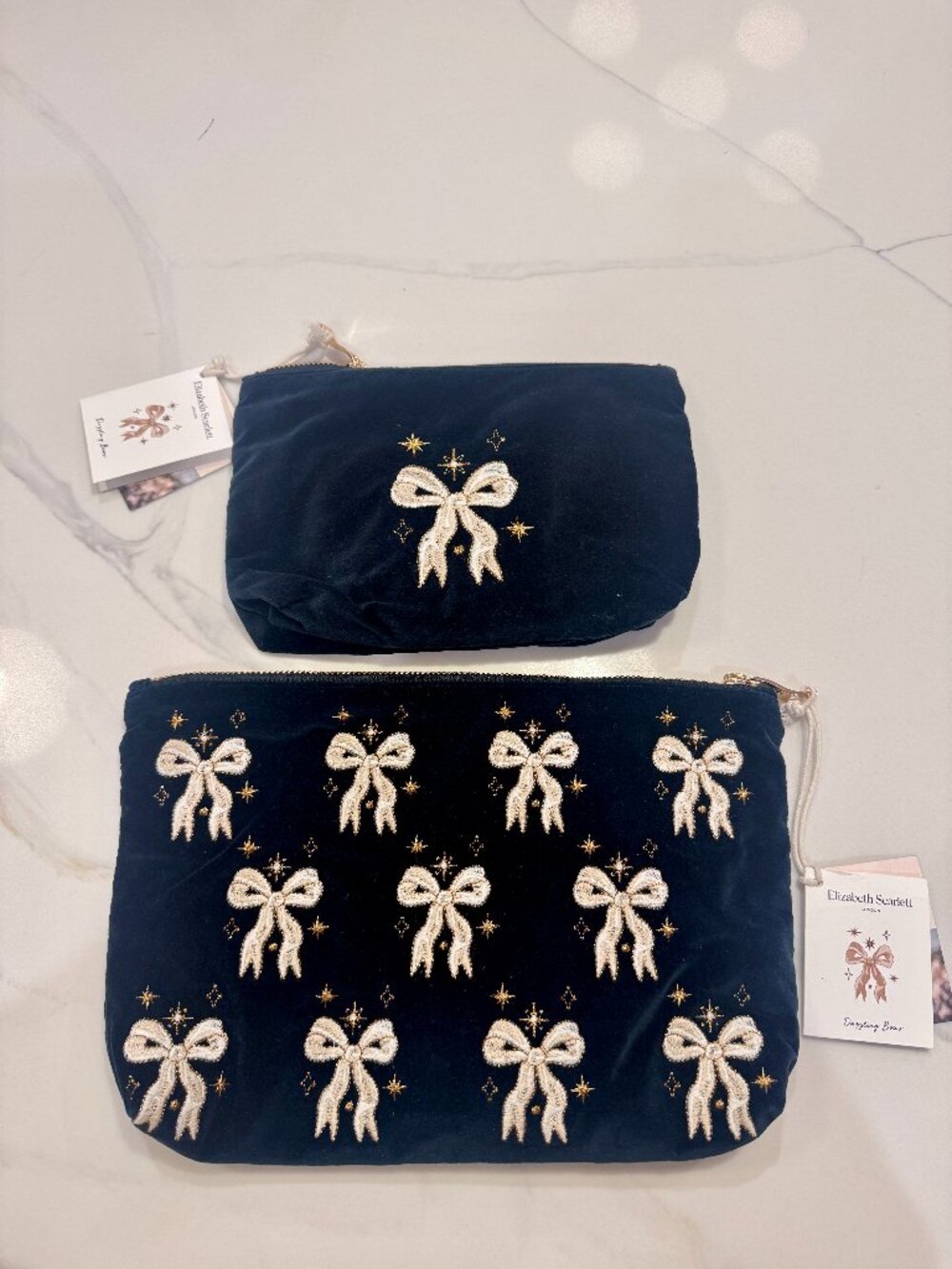 NWT Elizabeth Scarlett Velvet Dazzling Bows Everyday Pouch and Mini Pouch Set